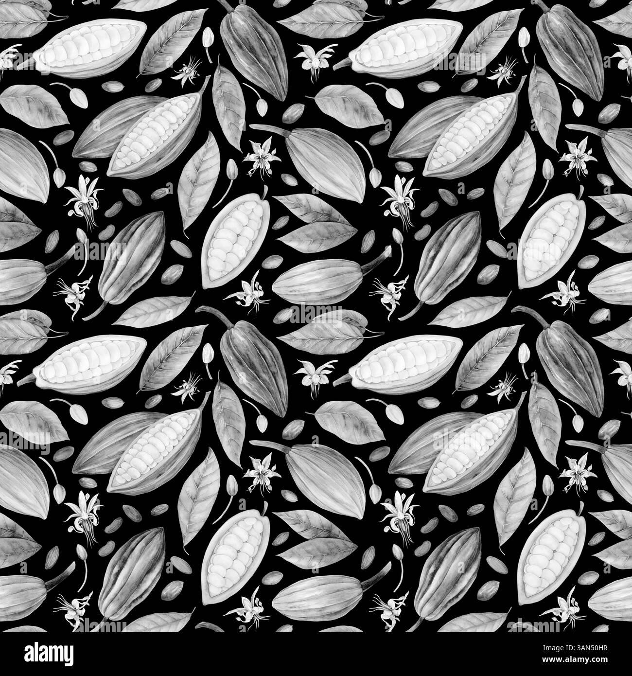 Cialde di cioccolato e fagioli di cacao. Motivo senza cuciture in bianco e nero. Frutta di cacao. Illustrazione acquerello. Disegnato a mano in colori pastello per imballaggi, tessuti e disegni botanici Foto Stock