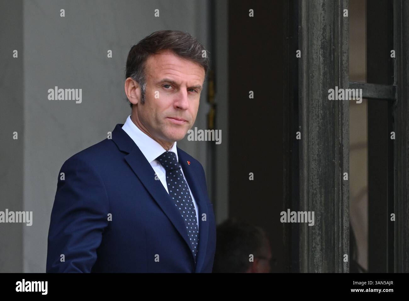 Parigi, Francia. 14 aprile 2025. Il presidente della Repubblica, Emmanuel Macron, ha ricevuto il presidente della regione autonoma del Kurdistan iracheno, Netchirvan Barzani, per un pranzo di lavoro al Palazzo Elysee il 14 aprile 2025. - 14/04/2025 - Francia/Ile-de-France (regione)/Parigi - Julien Mattia/le Pictorium credito: LE PICTORIUM/Alamy Live News Foto Stock