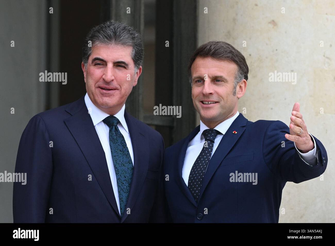 Parigi, Francia. 14 aprile 2025. Il presidente della Repubblica, Emmanuel Macron, ha ricevuto il presidente della regione autonoma del Kurdistan iracheno, Netchirvan Barzani, per un pranzo di lavoro al Palazzo Elysee il 14 aprile 2025. - 14/04/2025 - Francia/Ile-de-France (regione)/Parigi - Julien Mattia/le Pictorium credito: LE PICTORIUM/Alamy Live News Foto Stock