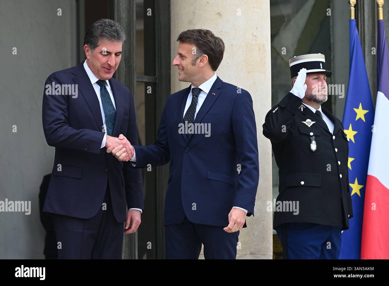 Parigi, Francia. 14 aprile 2025. Il presidente della Repubblica, Emmanuel Macron, ha ricevuto il presidente della regione autonoma del Kurdistan iracheno, Netchirvan Barzani, per un pranzo di lavoro al Palazzo Elysee il 14 aprile 2025. - 14/04/2025 - Francia/Ile-de-France (regione)/Parigi - Julien Mattia/le Pictorium credito: LE PICTORIUM/Alamy Live News Foto Stock