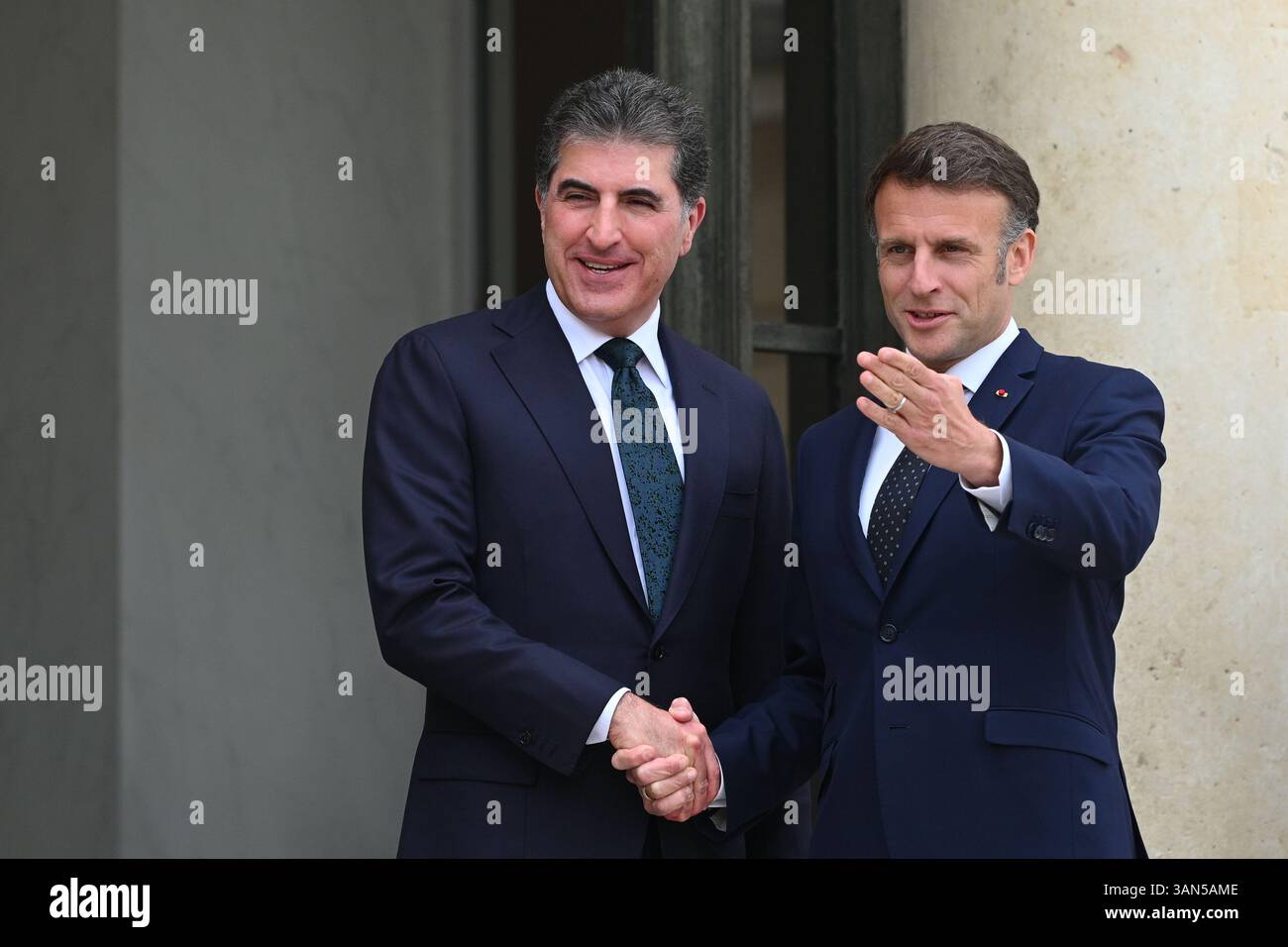 Parigi, Francia. 14 aprile 2025. Il presidente della Repubblica, Emmanuel Macron, ha ricevuto il presidente della regione autonoma del Kurdistan iracheno, Netchirvan Barzani, per un pranzo di lavoro al Palazzo Elysee il 14 aprile 2025. - 14/04/2025 - Francia/Ile-de-France (regione)/Parigi - Julien Mattia/le Pictorium credito: LE PICTORIUM/Alamy Live News Foto Stock