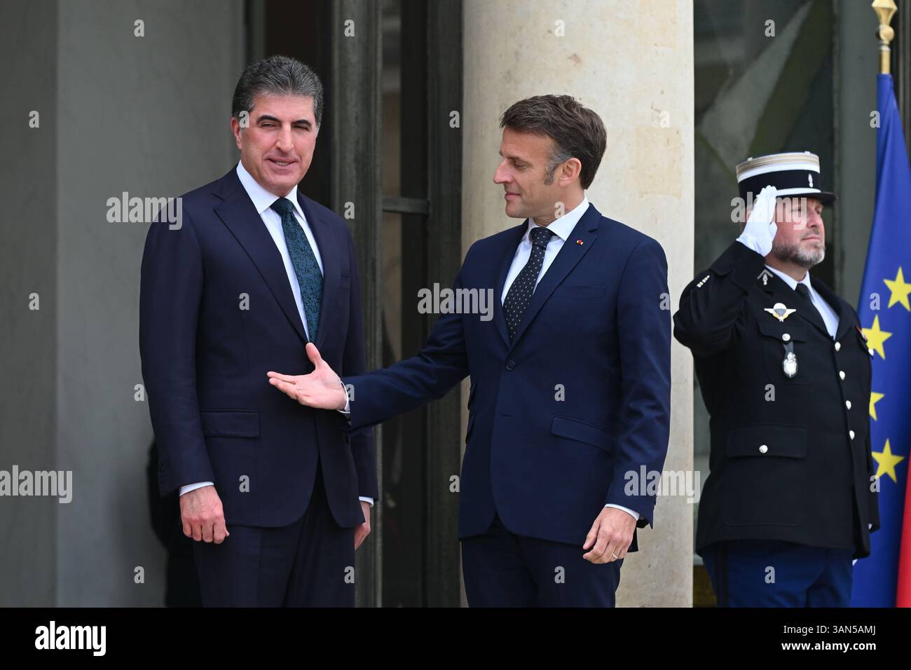 Parigi, Francia. 14 aprile 2025. Il presidente della Repubblica, Emmanuel Macron, ha ricevuto il presidente della regione autonoma del Kurdistan iracheno, Netchirvan Barzani, per un pranzo di lavoro al Palazzo Elysee il 14 aprile 2025. - 14/04/2025 - Francia/Ile-de-France (regione)/Parigi - Julien Mattia/le Pictorium credito: LE PICTORIUM/Alamy Live News Foto Stock