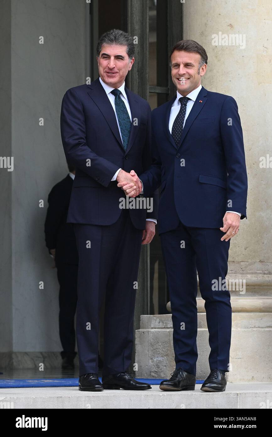 Parigi, Francia. 14 aprile 2025. Il presidente della Repubblica, Emmanuel Macron, ha ricevuto il presidente della regione autonoma del Kurdistan iracheno, Netchirvan Barzani, per un pranzo di lavoro al Palazzo Elysee il 14 aprile 2025. - 14/04/2025 - Francia/Ile-de-France (regione)/Parigi - Julien Mattia/le Pictorium credito: LE PICTORIUM/Alamy Live News Foto Stock