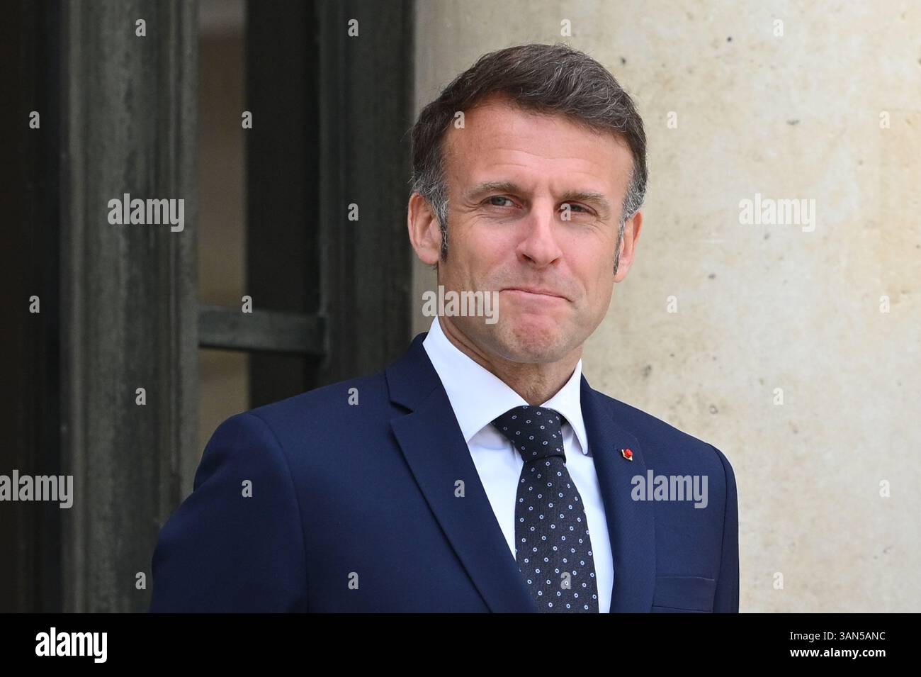 Parigi, Francia. 14 aprile 2025. Il presidente della Repubblica, Emmanuel Macron, ha ricevuto il presidente della regione autonoma del Kurdistan iracheno, Netchirvan Barzani, per un pranzo di lavoro al Palazzo Elysee il 14 aprile 2025. - 14/04/2025 - Francia/Ile-de-France (regione)/Parigi - Julien Mattia/le Pictorium credito: LE PICTORIUM/Alamy Live News Foto Stock