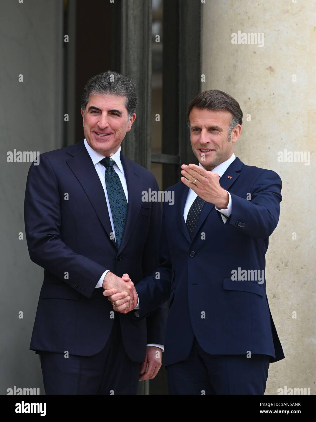 Parigi, Francia. 14 aprile 2025. Il presidente della Repubblica, Emmanuel Macron, ha ricevuto il presidente della regione autonoma del Kurdistan iracheno, Netchirvan Barzani, per un pranzo di lavoro al Palazzo Elysee il 14 aprile 2025. - 14/04/2025 - Francia/Ile-de-France (regione)/Parigi - Julien Mattia/le Pictorium credito: LE PICTORIUM/Alamy Live News Foto Stock