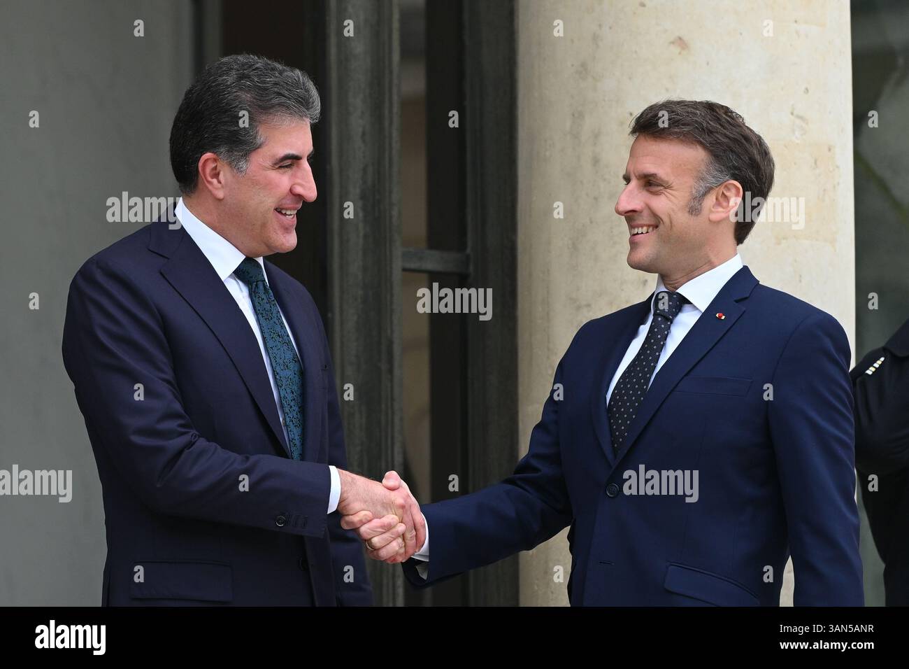 Parigi, Francia. 14 aprile 2025. Il presidente della Repubblica, Emmanuel Macron, ha ricevuto il presidente della regione autonoma del Kurdistan iracheno, Netchirvan Barzani, per un pranzo di lavoro al Palazzo Elysee il 14 aprile 2025. - 14/04/2025 - Francia/Ile-de-France (regione)/Parigi - Julien Mattia/le Pictorium credito: LE PICTORIUM/Alamy Live News Foto Stock