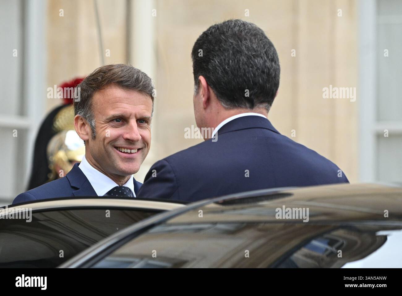 Parigi, Francia. 14 aprile 2025. Il presidente della Repubblica, Emmanuel Macron, ha ricevuto il presidente della regione autonoma del Kurdistan iracheno, Netchirvan Barzani, per un pranzo di lavoro al Palazzo Elysee il 14 aprile 2025. - 14/04/2025 - Francia/Ile-de-France (regione)/Parigi - Julien Mattia/le Pictorium credito: LE PICTORIUM/Alamy Live News Foto Stock