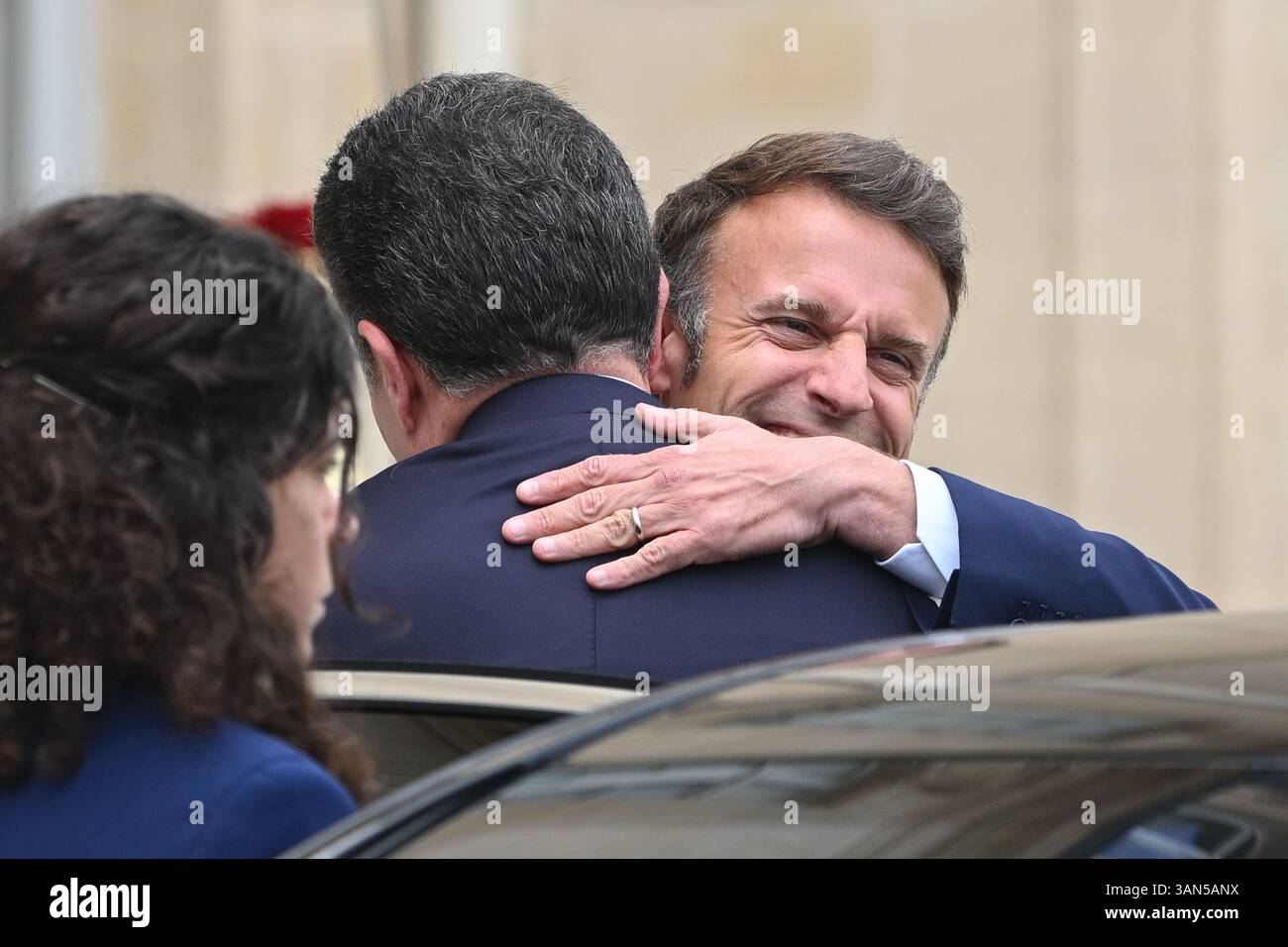 Parigi, Francia. 14 aprile 2025. Il presidente della Repubblica, Emmanuel Macron, ha ricevuto il presidente della regione autonoma del Kurdistan iracheno, Netchirvan Barzani, per un pranzo di lavoro al Palazzo Elysee il 14 aprile 2025. - 14/04/2025 - Francia/Ile-de-France (regione)/Parigi - Julien Mattia/le Pictorium credito: LE PICTORIUM/Alamy Live News Foto Stock