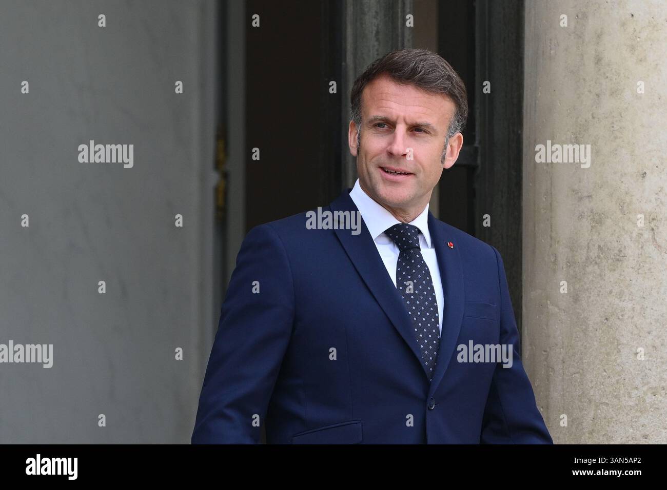 Parigi, Francia. 14 aprile 2025. Il presidente della Repubblica, Emmanuel Macron, ha ricevuto il presidente della regione autonoma del Kurdistan iracheno, Netchirvan Barzani, per un pranzo di lavoro al Palazzo Elysee il 14 aprile 2025. - 14/04/2025 - Francia/Ile-de-France (regione)/Parigi - Julien Mattia/le Pictorium credito: LE PICTORIUM/Alamy Live News Foto Stock