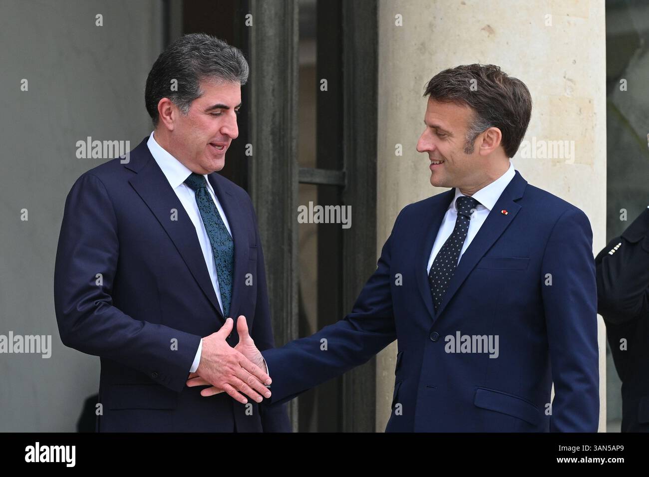Parigi, Francia. 14 aprile 2025. Il presidente della Repubblica, Emmanuel Macron, ha ricevuto il presidente della regione autonoma del Kurdistan iracheno, Netchirvan Barzani, per un pranzo di lavoro al Palazzo Elysee il 14 aprile 2025. - 14/04/2025 - Francia/Ile-de-France (regione)/Parigi - Julien Mattia/le Pictorium credito: LE PICTORIUM/Alamy Live News Foto Stock