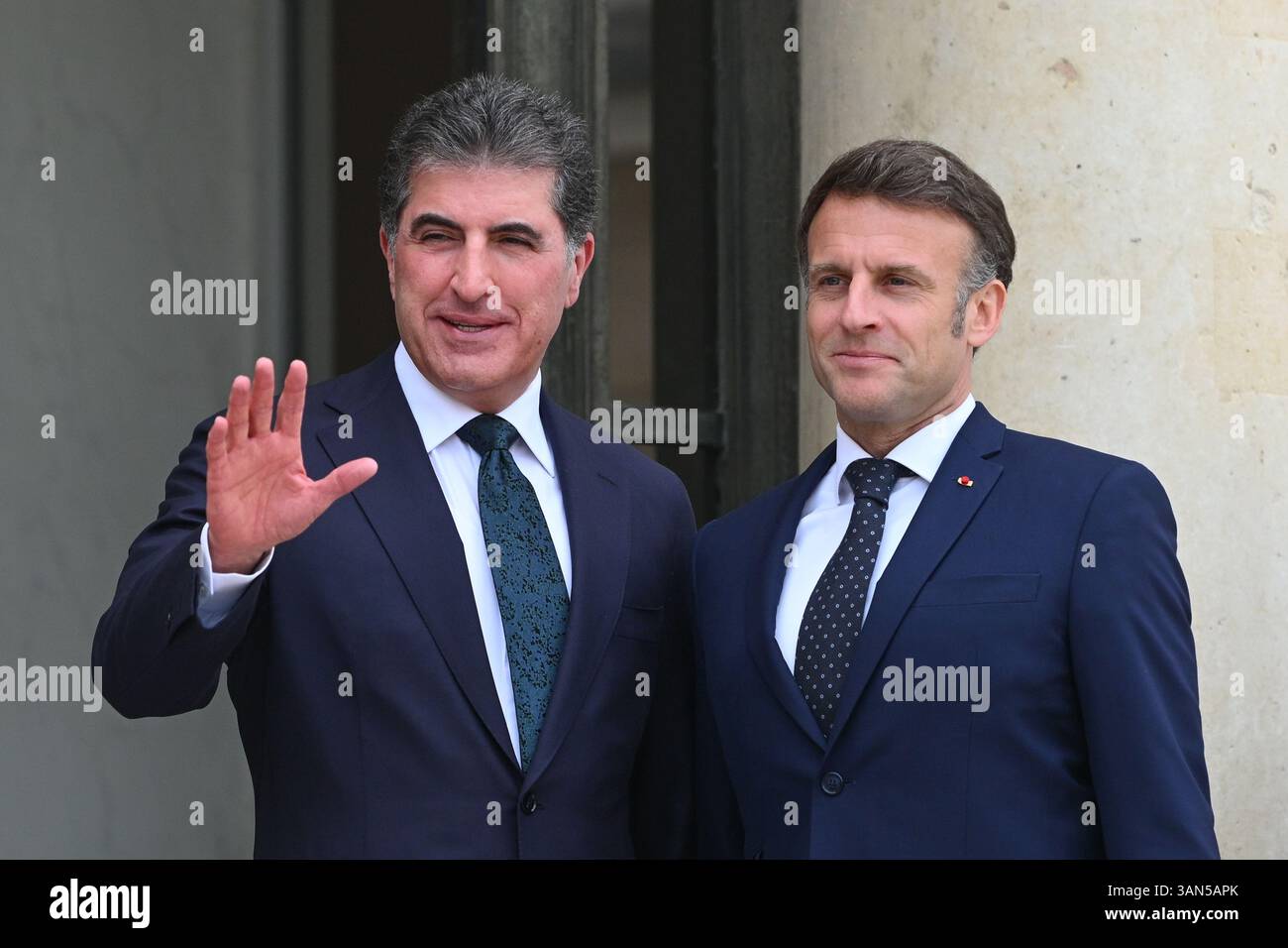 Parigi, Francia. 14 aprile 2025. Il presidente della Repubblica, Emmanuel Macron, ha ricevuto il presidente della regione autonoma del Kurdistan iracheno, Netchirvan Barzani, per un pranzo di lavoro al Palazzo Elysee il 14 aprile 2025. - 14/04/2025 - Francia/Ile-de-France (regione)/Parigi - Julien Mattia/le Pictorium credito: LE PICTORIUM/Alamy Live News Foto Stock