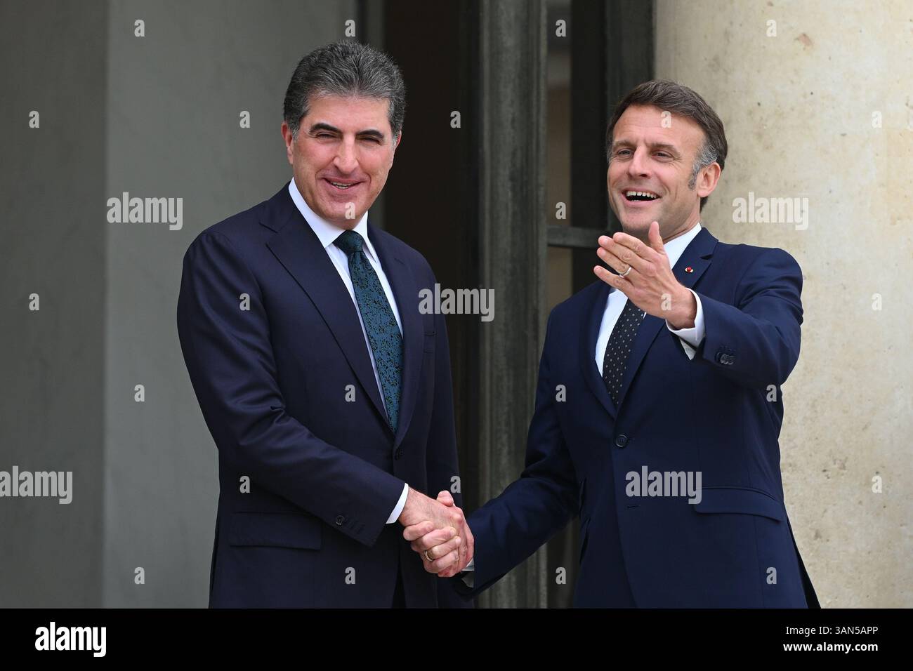 Parigi, Francia. 14 aprile 2025. Il presidente della Repubblica, Emmanuel Macron, ha ricevuto il presidente della regione autonoma del Kurdistan iracheno, Netchirvan Barzani, per un pranzo di lavoro al Palazzo Elysee il 14 aprile 2025. - 14/04/2025 - Francia/Ile-de-France (regione)/Parigi - Julien Mattia/le Pictorium credito: LE PICTORIUM/Alamy Live News Foto Stock