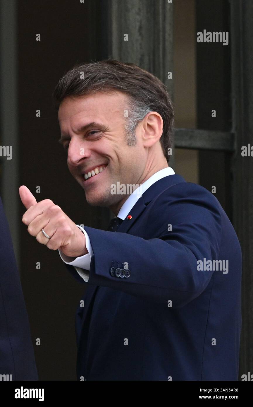 Parigi, Francia. 14 aprile 2025. Il presidente della Repubblica, Emmanuel Macron, ha ricevuto il presidente della regione autonoma del Kurdistan iracheno, Netchirvan Barzani, per un pranzo di lavoro al Palazzo Elysee il 14 aprile 2025. - 14/04/2025 - Francia/Ile-de-France (regione)/Parigi - Julien Mattia/le Pictorium credito: LE PICTORIUM/Alamy Live News Foto Stock