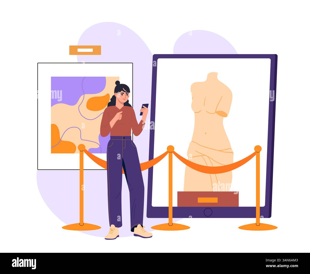 Donna che guarda le opere d'arte nella galleria del museo digitale. Illustrazione vettoriale Illustrazione Vettoriale