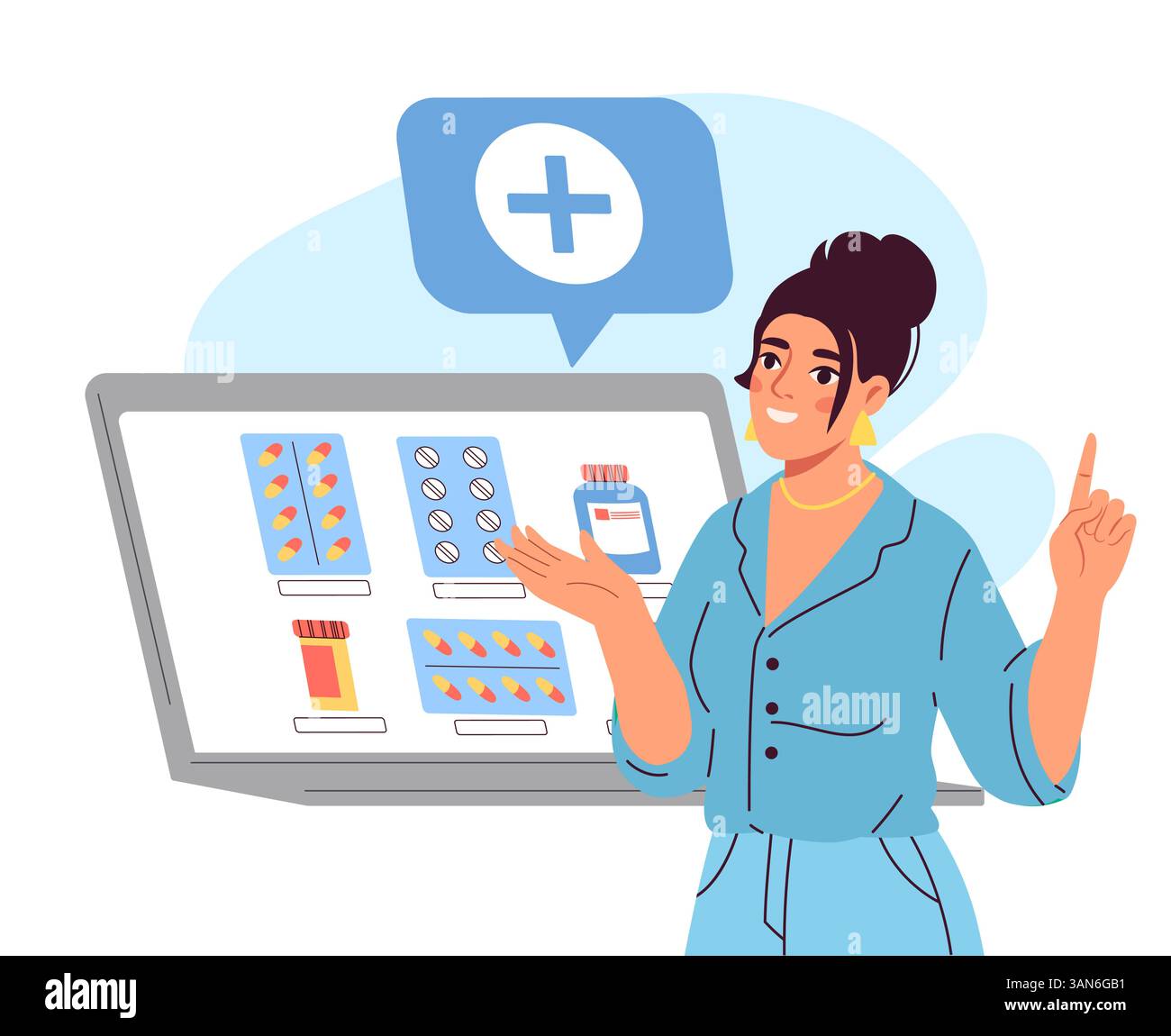 Donna che spiega la scelta della medicina online. Illustrazione vettoriale Illustrazione Vettoriale