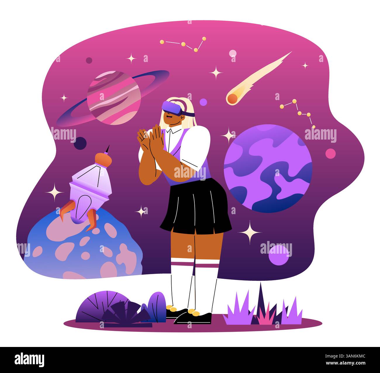 Ragazza che esplora lo spazio con il visore VR. Illustrazione vettoriale Illustrazione Vettoriale