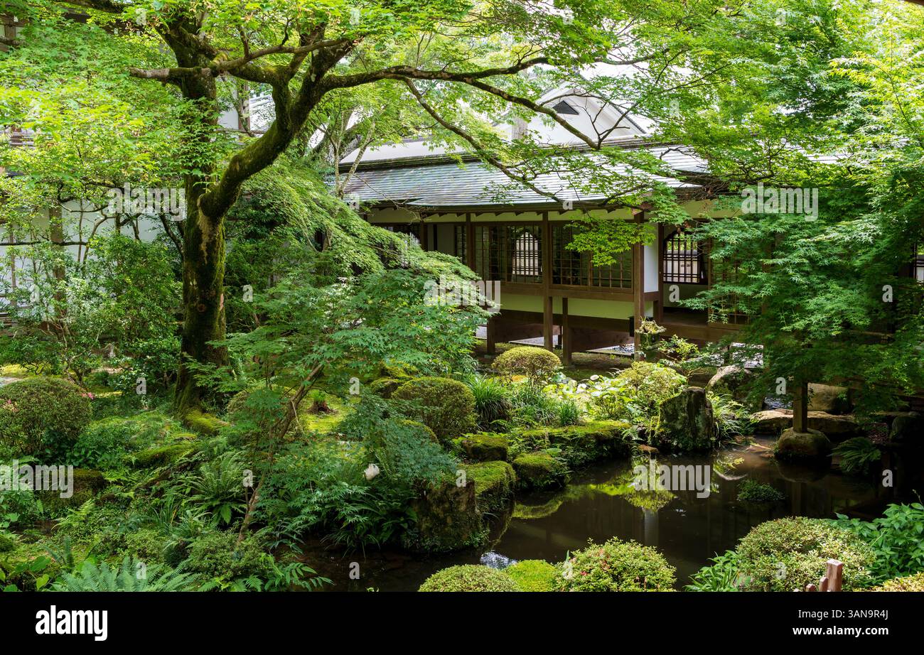 Giardino giapponese e stagno del tempio di Sanzen-in in estate. Ohara, Kyoto, Giappone. Foto Stock