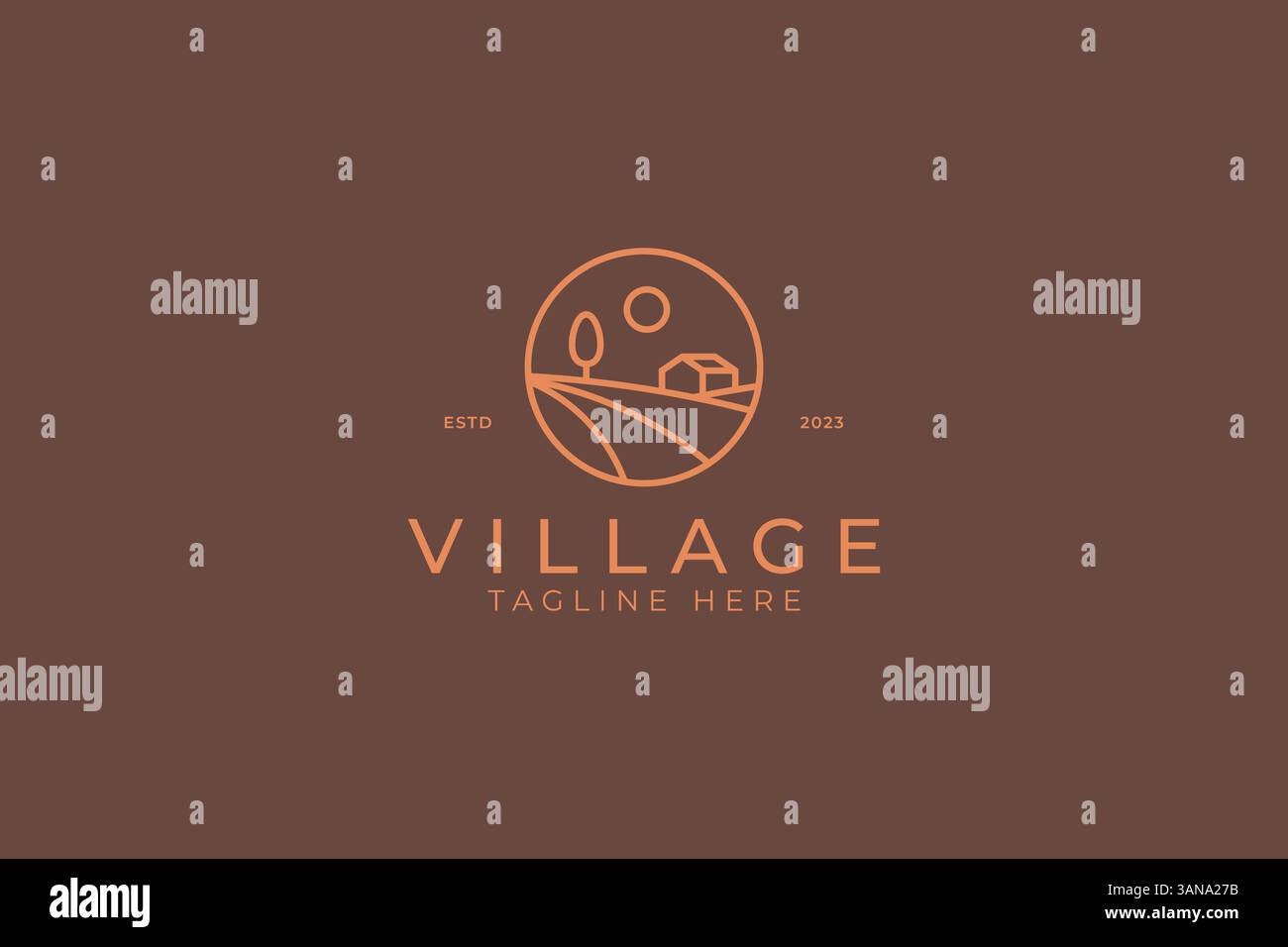 Village Rural Scene Outdoor Logo Badge per aziende agricole e alimentari biologici Illustrazione Vettoriale