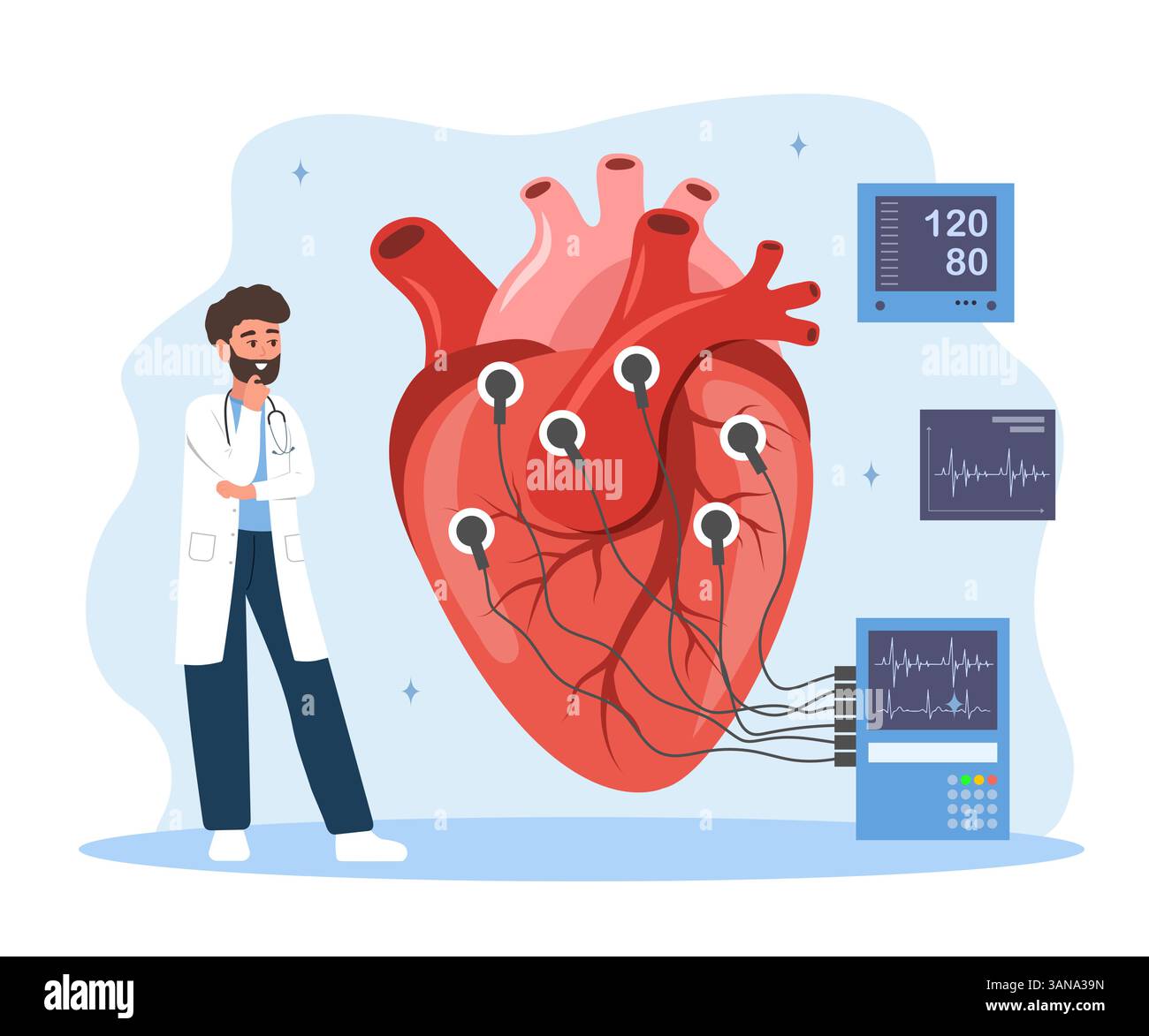 Concetto di elettrocardiografia. Cure cardiache e diagnostica medica. Cardiologo maschile ricerca malattie. Illustrazione del vettore piatto Illustrazione Vettoriale