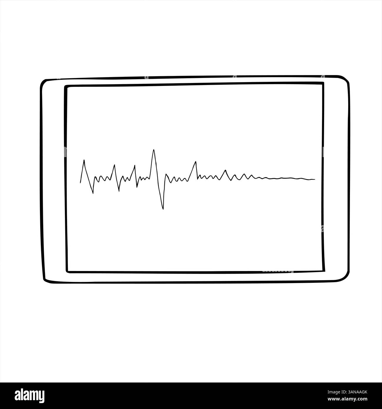 Linea del ritmo cardiaco frequenza cardiaca sullo schermo della tavoletta indica l'immagine in bianco e nero dell'arresto cardiaco. Elemento astratto per emergenza Illustrazione Vettoriale
