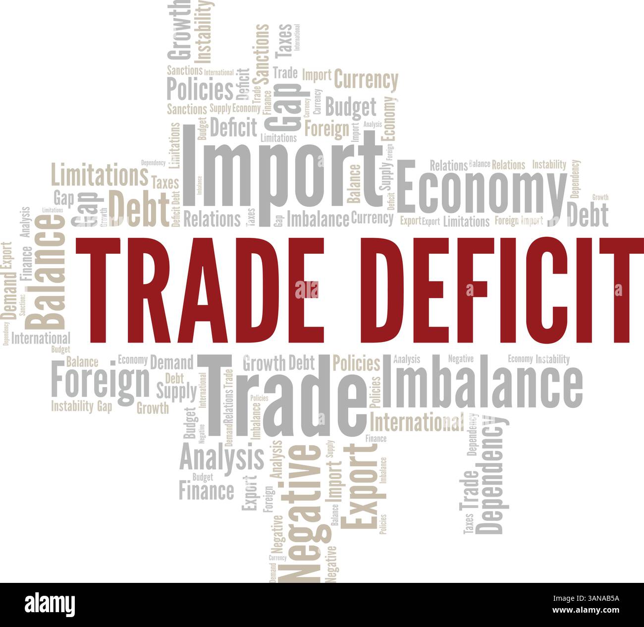 Design concettuale del cloud Word con deficit commerciale isolato su sfondo bianco. Illustrazione Vettoriale