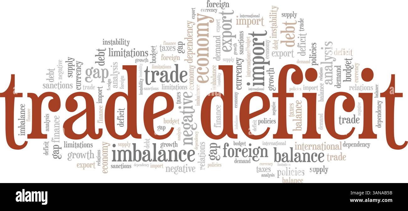 Design concettuale del cloud Word con deficit commerciale isolato su sfondo bianco. Illustrazione Vettoriale