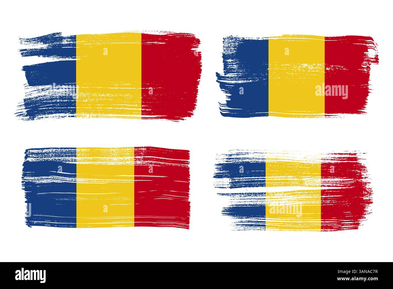 Set pennello bandiera Romania. Bandiere grunge della Romania fissate per la giornata nazionale della Romania. Il giorno dell'indipendenza grunge icona di bandiera della romania impostata isolata su bianco Illustrazione Vettoriale