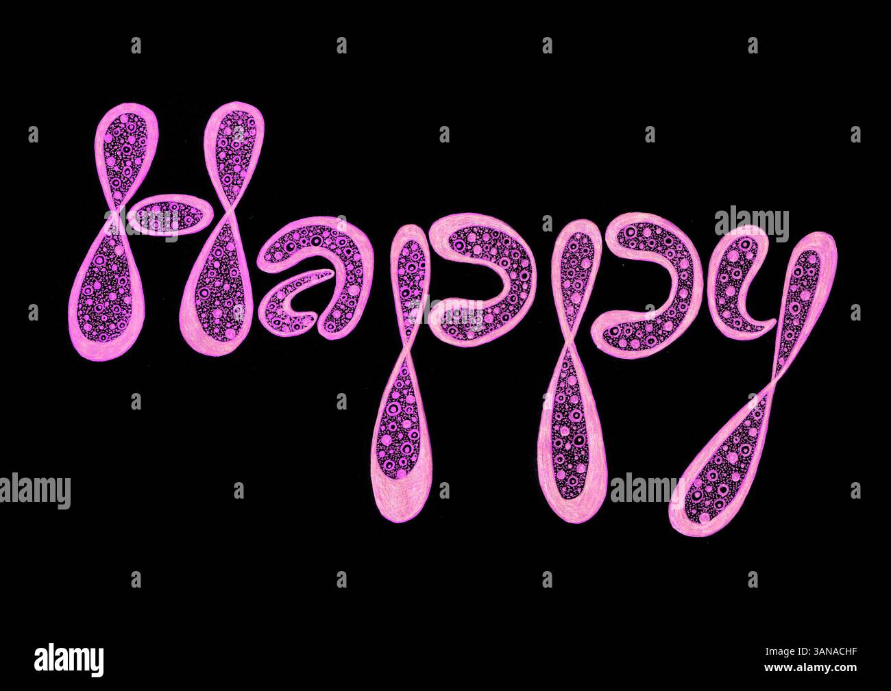 Doodle parole scritte Happy. Isolato su sfondo nero. Colore rosa. Lettere arrotondate. Presentano un contorno blu di diverso spessore in punti diversi. Pieno di cerchi e punti. Disegnare con inchiostro. Foto Stock