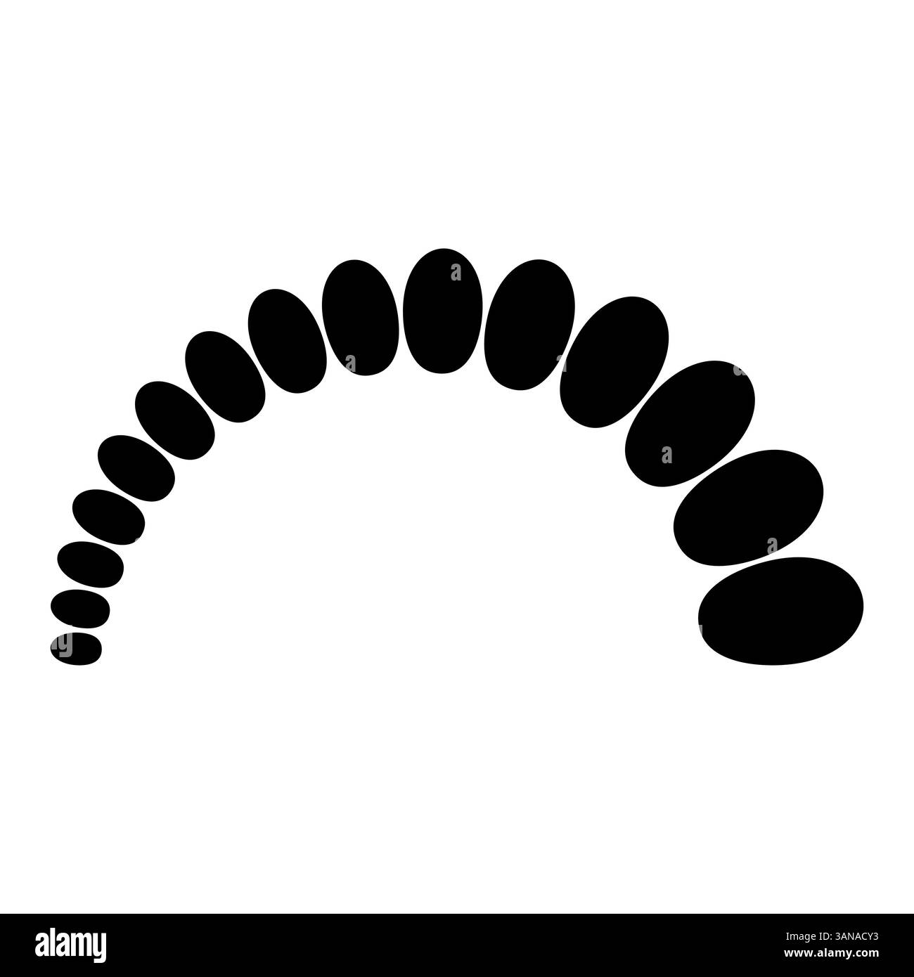 Linea curva progressivamente più ampia crescita di ellissi nere, progressione del movimento in avanti Illustrazione Vettoriale