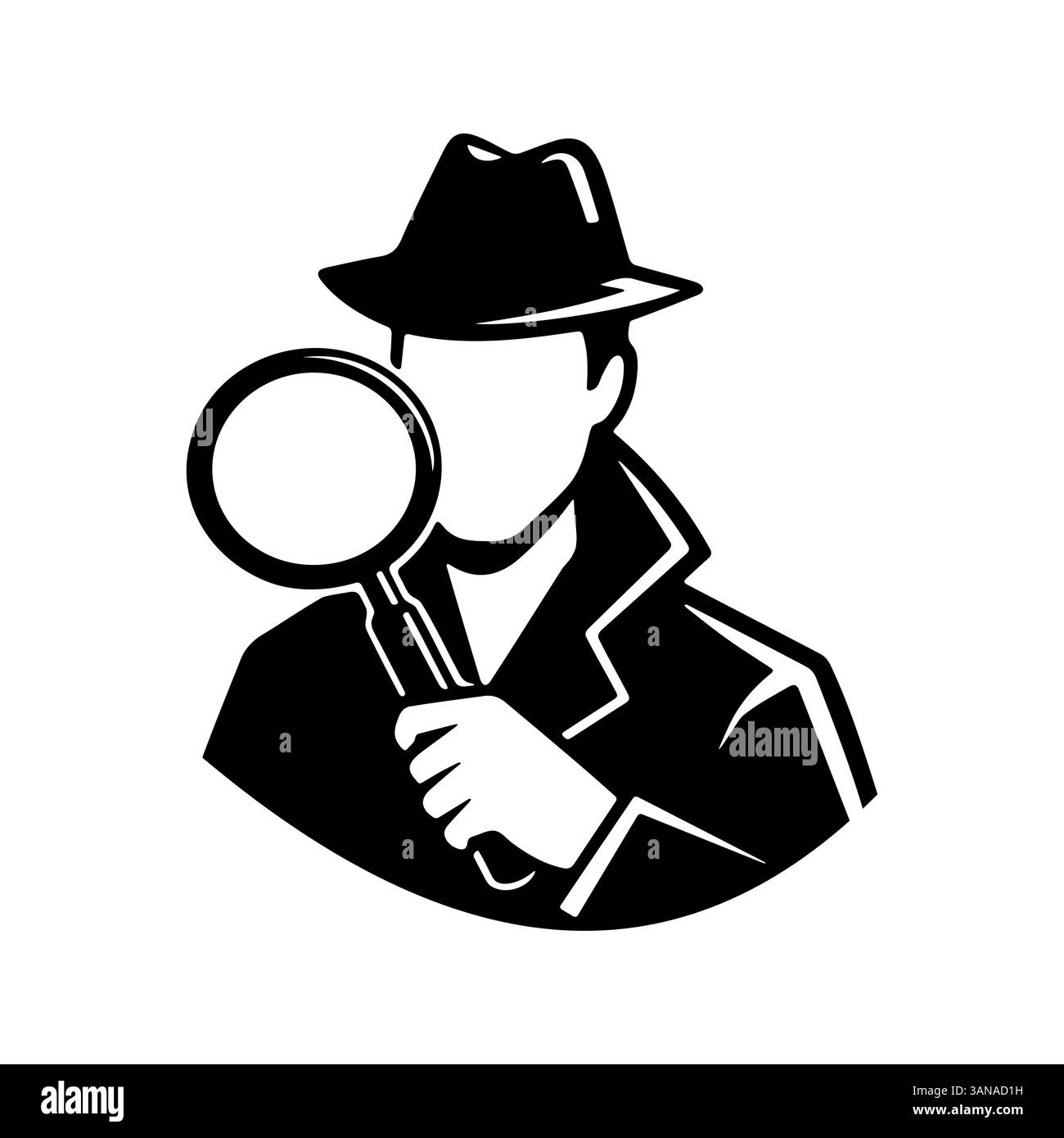 Misteriosa silhouette da detective con lente d'ingrandimento e cappello fedora Illustrazione Vettoriale