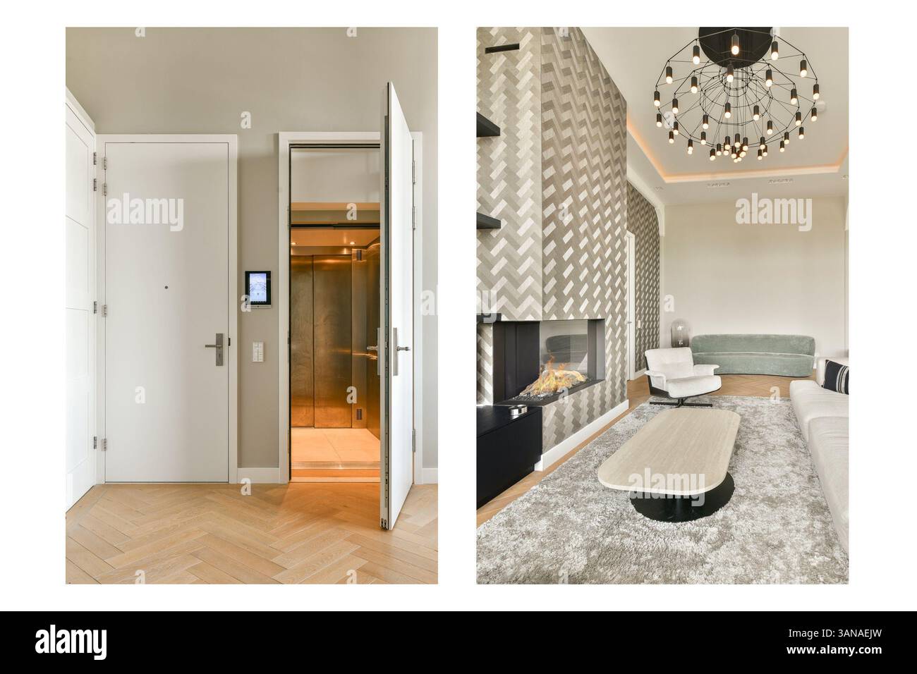 Interni eleganti e moderni con un elegante soggiorno con illuminazione distintiva e un'atmosfera invitante, abbinati a un elegante ingresso dell'ascensore. Foto Stock