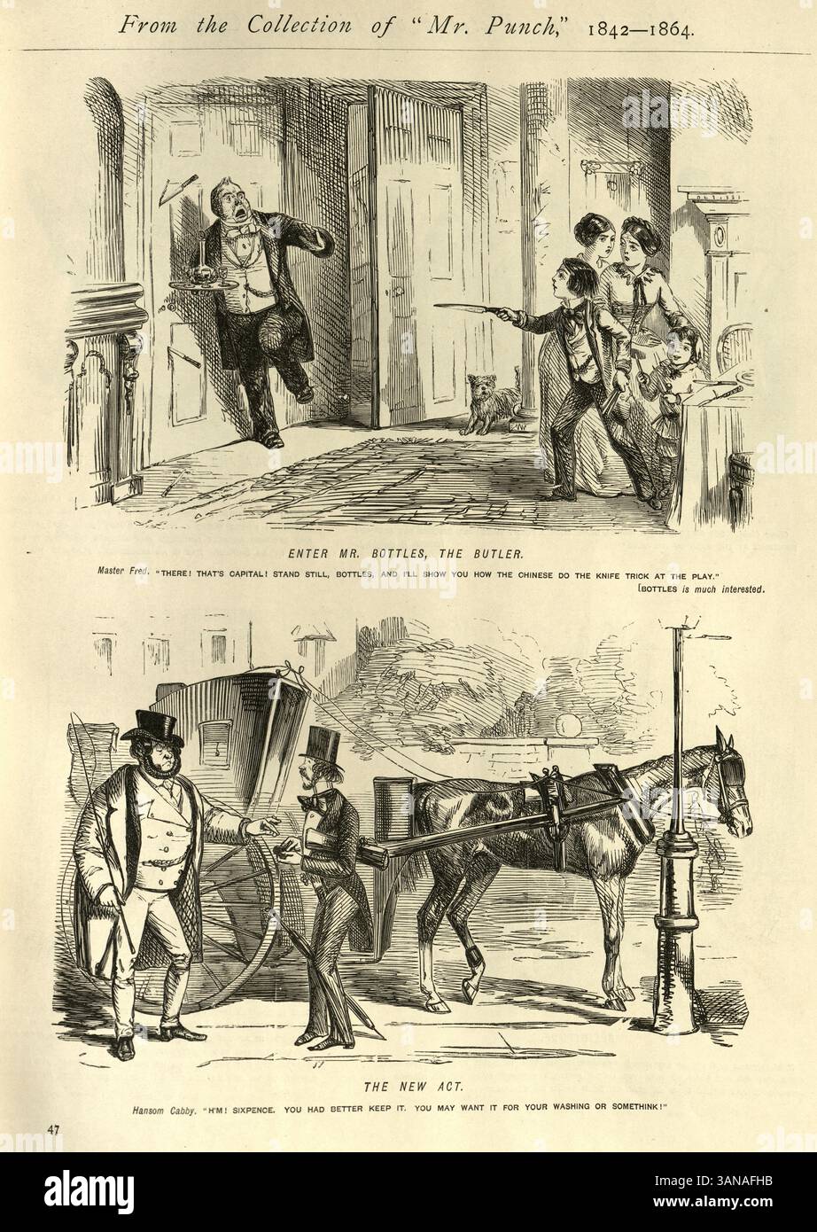 John Leech, cartoni animati Punch, lancialama, autista, humout vittoriano del XIX secolo, caricature Foto Stock