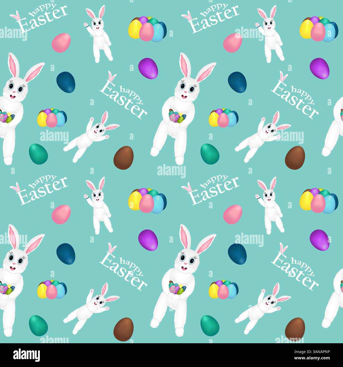 Motivo senza cuciture con elementi 3D con coniglietto pasquale antropomorfo con uova di Pasqua decorate nelle zampe su sfondo blu. Buona Pasqua in Illustrazione Vettoriale