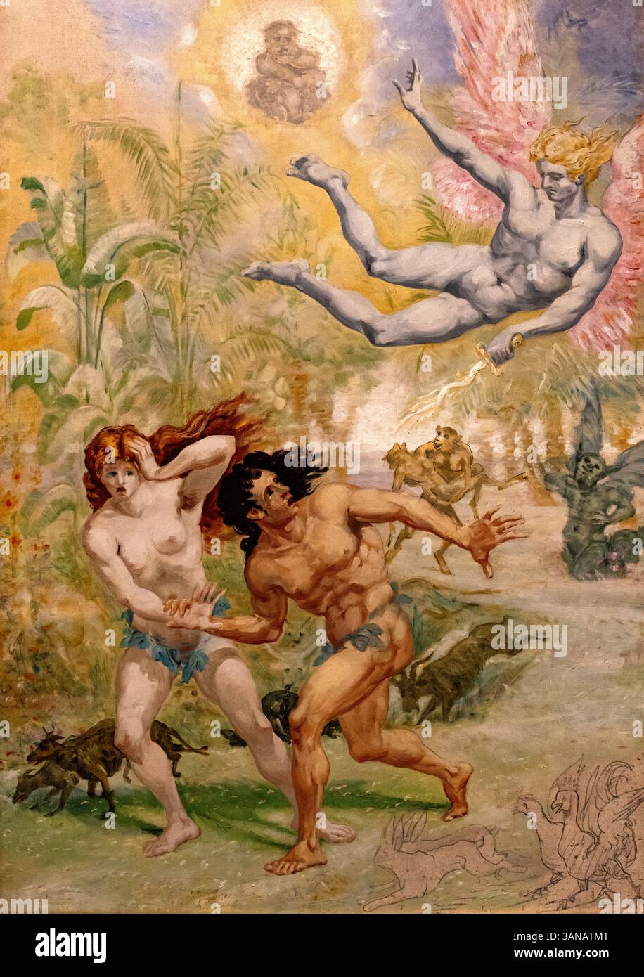 Adamo ed Eva, espulsione dal Paradiso, dipinto di Jean-Baptiste Cariven (1843-1904, pittore francese, riproduzione di un dipinto del XIX secolo, restaurato digitalmente, storico Foto Stock