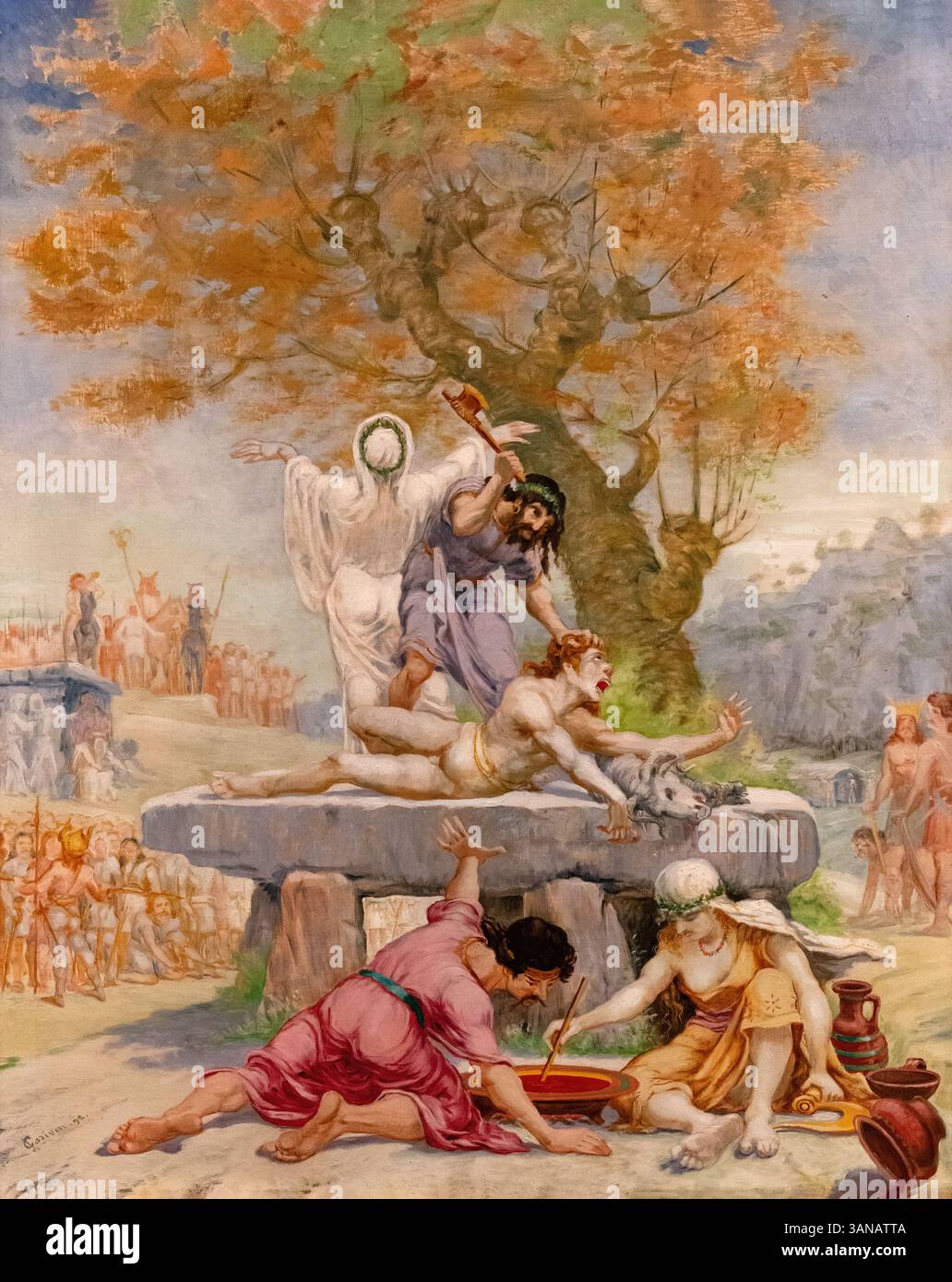 Sacrificio su un dolmen, dipinto di Jean-Baptiste Cariven (1843-1904, pittore francese), riproduzione di un dipinto del XIX secolo, restaurato digitalmente, storico Foto Stock