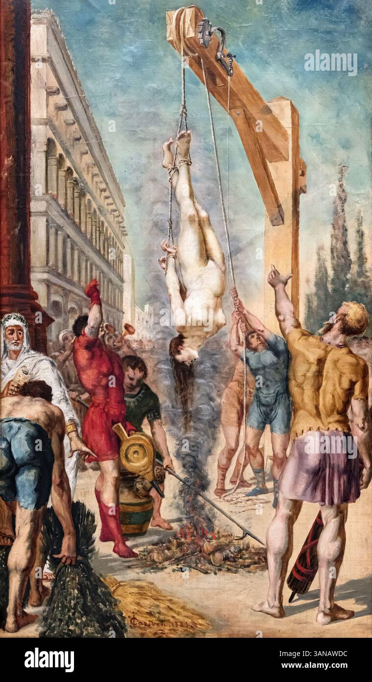 Tortura con Smoke. Santa Zoe di Roma (morta intorno al 286) fu una nobildonna sposata con Nicostrato, alto funzionario della corte romana. E' morta, soffocata dal fumo, appesa su un incendio. Il suo corpo fu poi gettato nel Tevere. Dipinto di Jean-Baptiste Cariven (1843-1904, pittore francese), riproduzione di un dipinto del XIX secolo, restaurato digitalmente, storico. Foto Stock