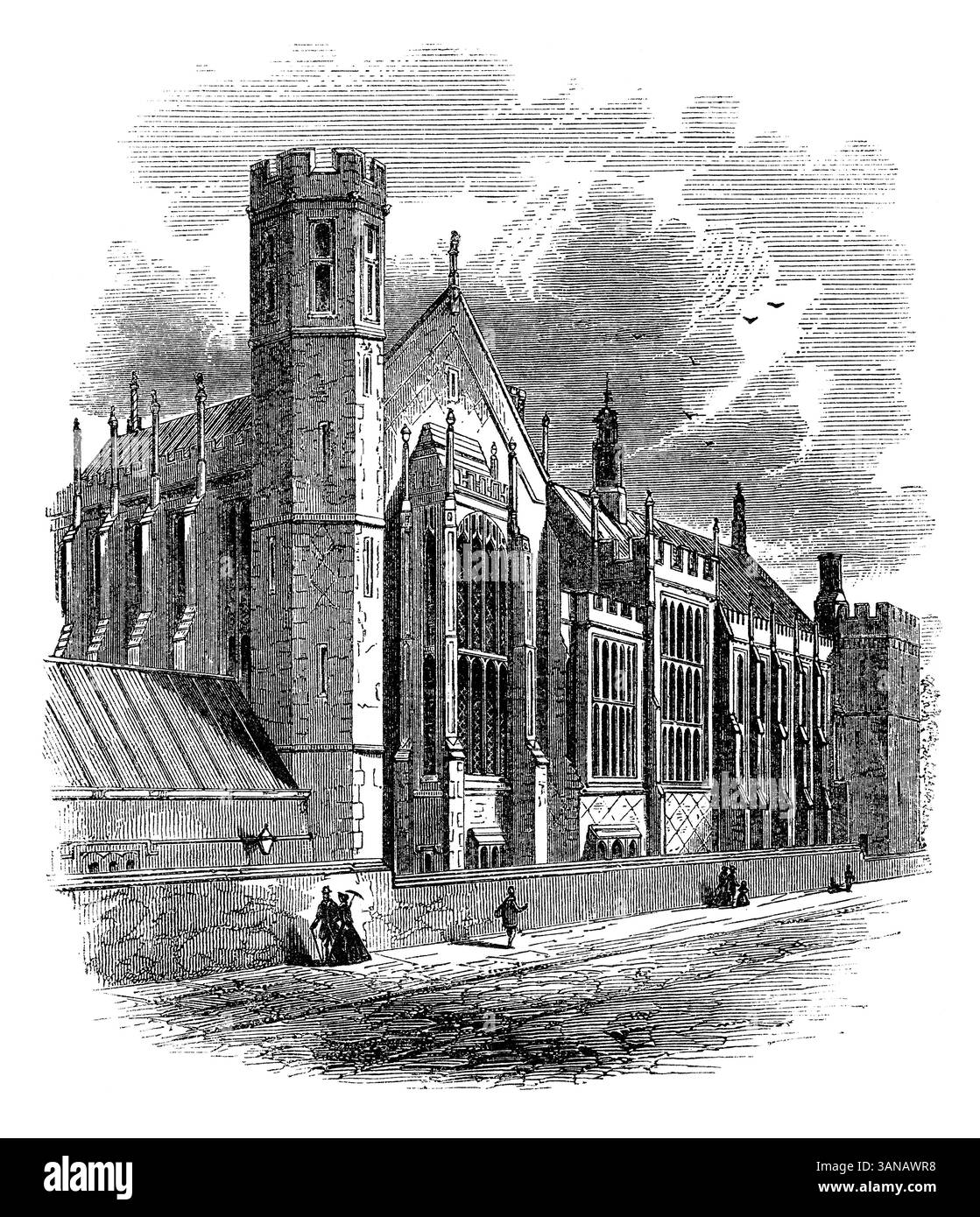 Incisione vintage del 1854 del Lincoln's Inn Hall, uno dei quattro Inns of Court di Londra. Foto Stock