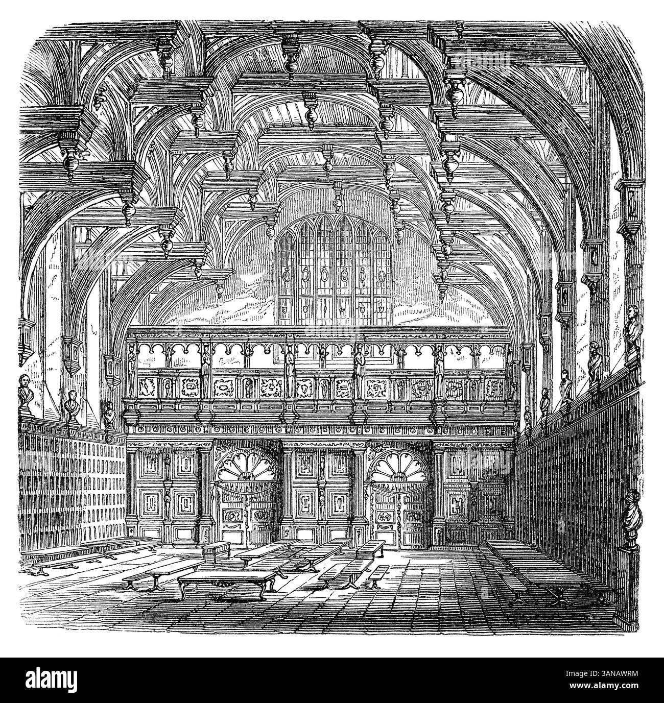 Incisione vintage del 1854 dell'interno della Middle Temple Hall, parte del Middle Temple, una delle quattro Inns of Court di Londra, Inghilterra. Foto Stock