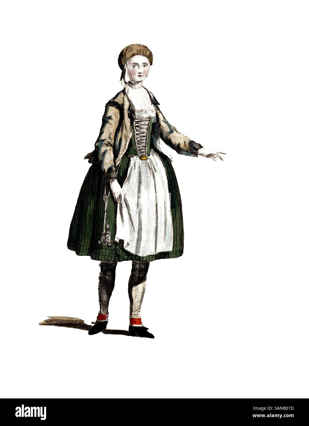 Abbigliamento storico, storia della moda, costume di una donna contadina di vicino Norimberga, 1755, Germania, riproduzione restaurata digitalmente di un originale del XVIII/XIX secolo, data esatta sconosciuta Foto Stock
