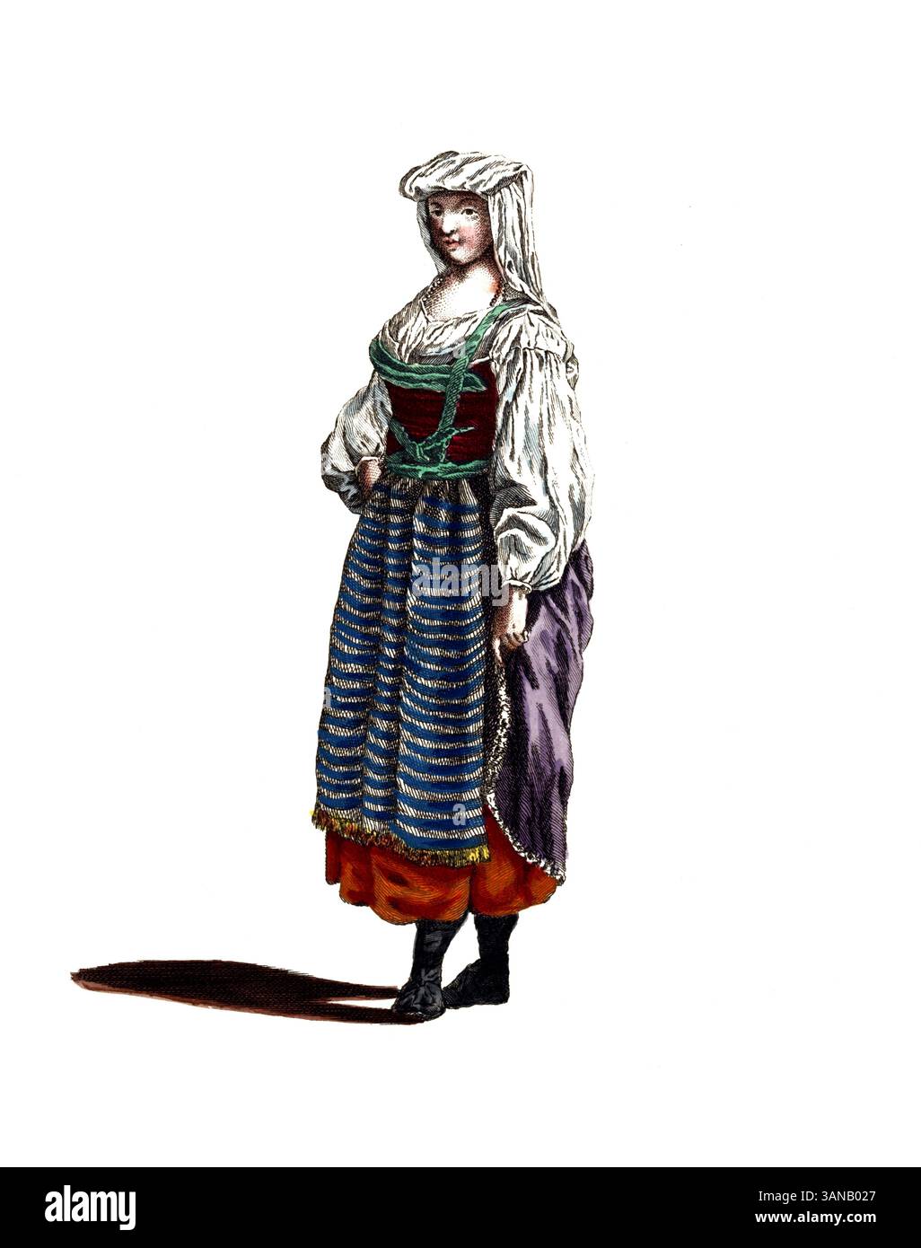 Abbigliamento storico, storia della moda, costume di una contadina calabrese, 1768, Italia, riproduzione restaurata digitalmente di un originale del XVIII/XIX secolo, data esatta sconosciuta Foto Stock