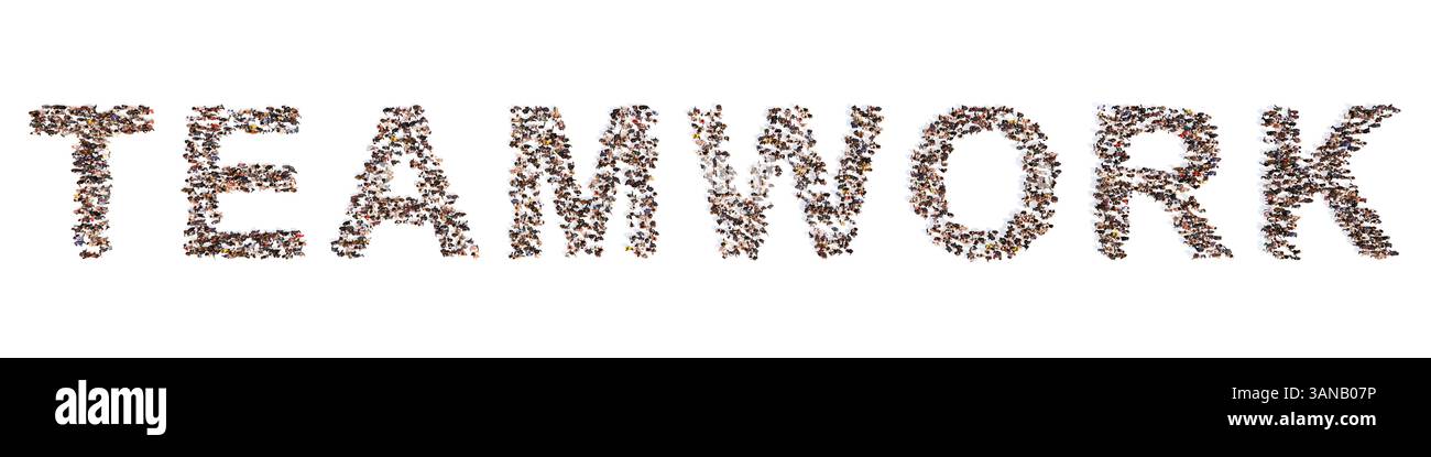 Concetto concettuale grande comunità di persone che formano PAROLA DI LAVORO DI SQUADRA. 3d metafora di illustrazione per il commercio, il team, la gestione, la cooperazione, l'idea, solut Foto Stock
