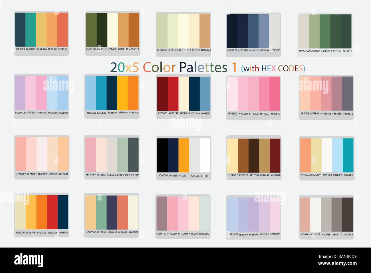 20 x 5 tavolozze di colori 1 con vettore codici esadecimali, scopri 20 set di tavolozze di colori vettoriali vibranti - 5 colori univoci ciascuno per design eleganti: Chiaro, scuro Illustrazione Vettoriale