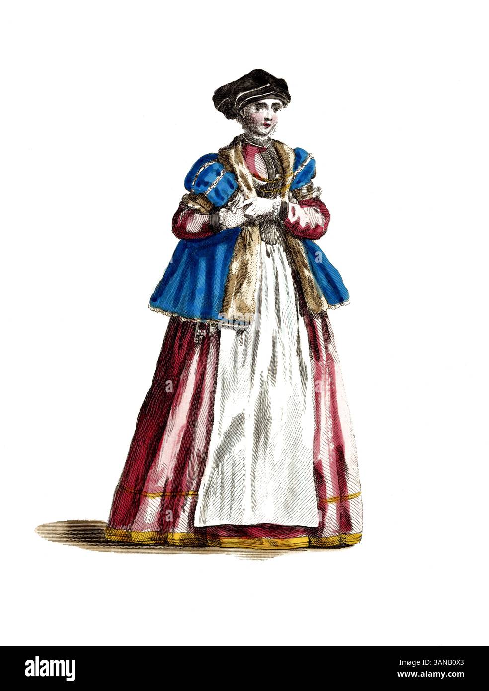 Abbigliamento storico, storia della moda, l'abbigliamento di una matrona di Meissen del 1577, Germania, riproduzione restaurata digitalmente di un originale del XVIII/XIX secolo, data esatta sconosciuta Foto Stock