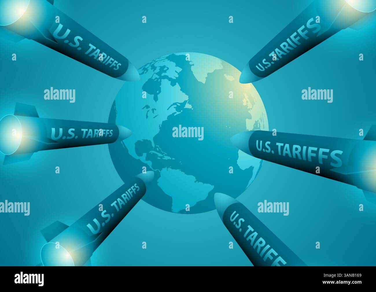 I missili etichettati come U.S. Tariffs lanciano e prendono di mira il pianeta Terra. La metafora rappresenta l'impatto globale delle politiche commerciali statunitensi Illustrazione Vettoriale