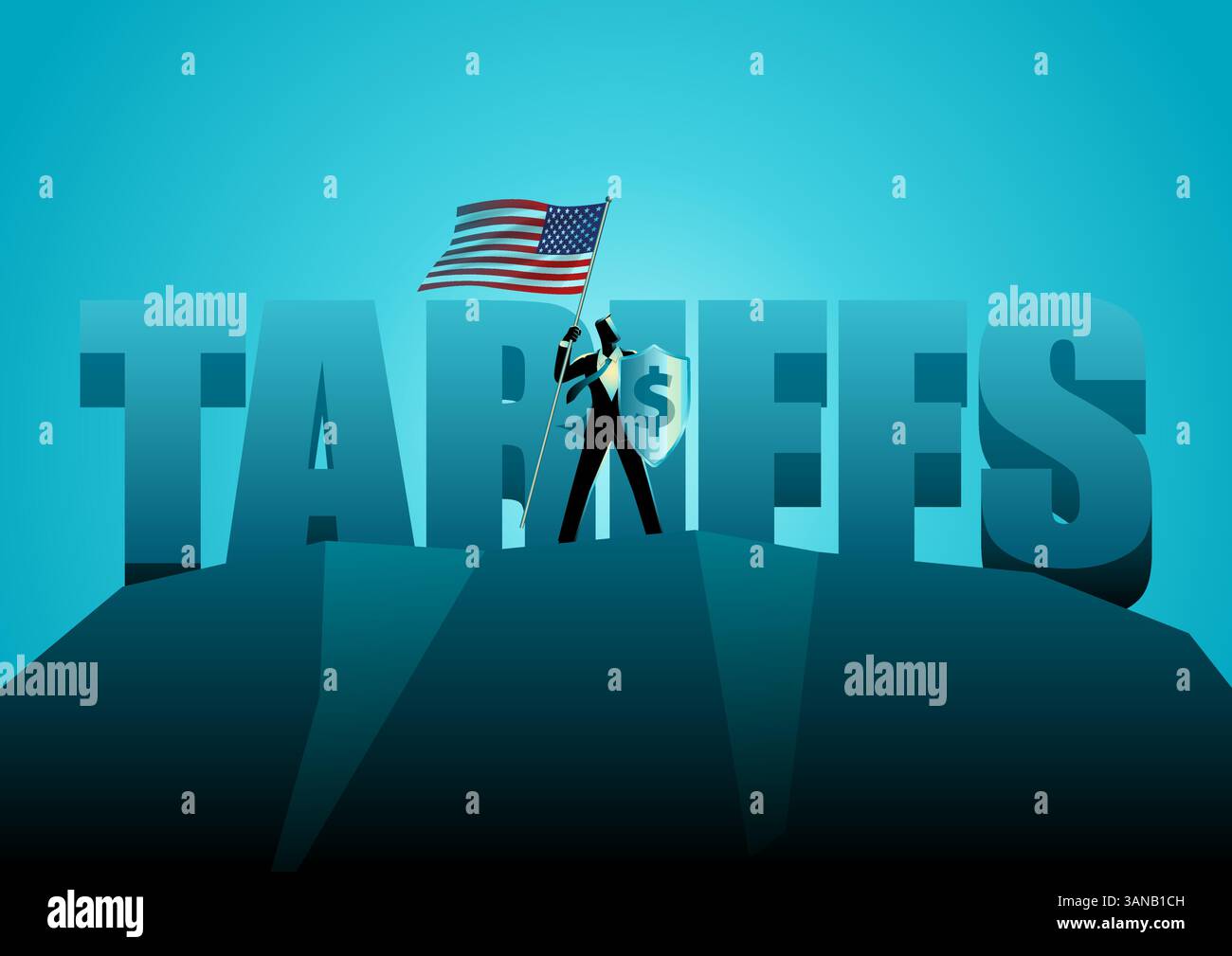 TARIFFE in grassetto in lettere 3D, con un uomo d'affari in piedi orgogliosamente su una montagna che regge la bandiera degli Stati Uniti.temi per la politica commerciale e la guerra degli Stati Uniti Illustrazione Vettoriale