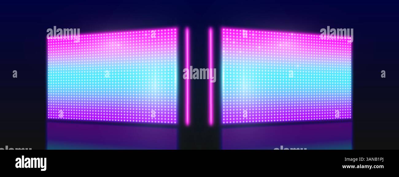 Schermi a LED illuminati su sfondo scuro: Grandi schermi da stadio o palcoscenico brillano di luce blu viola brillante. Cartelloni digitali vuoti o lightbox pubblicitari vuoti. Modello di progettazione vettoriale Illustrazione Vettoriale