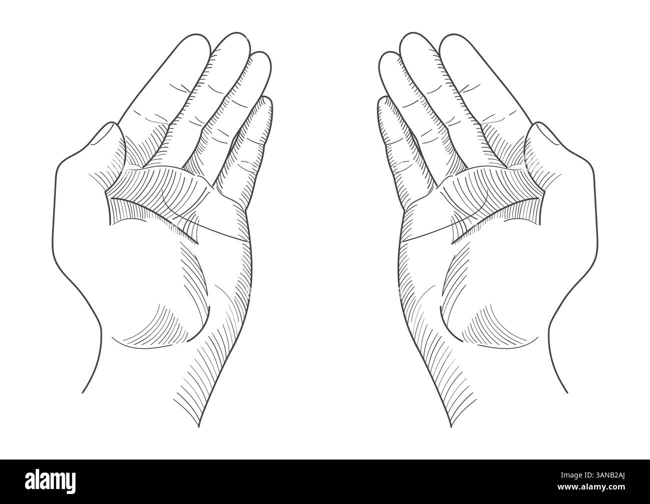 Disegno a mano di due mani aperte rivolte verso l'alto, simboleggiando l'accettazione o la preghiera. Perfetto per concetti come generosità, spiritualità, devozione Illustrazione Vettoriale
