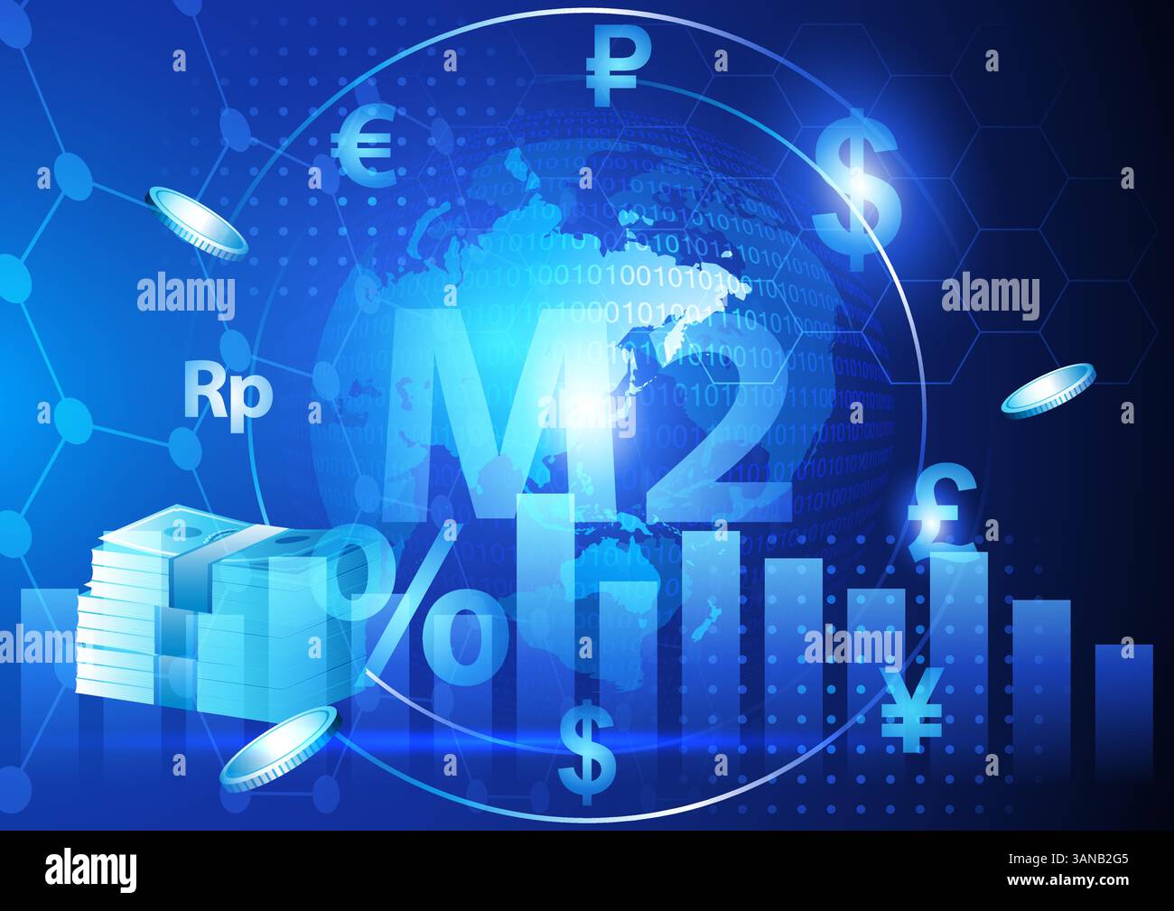 Concetto finanziario futuristico con offerta di moneta m2. Global m2 misura l'offerta di denaro totale, inclusi contanti, depositi e attività liquide Illustrazione Vettoriale