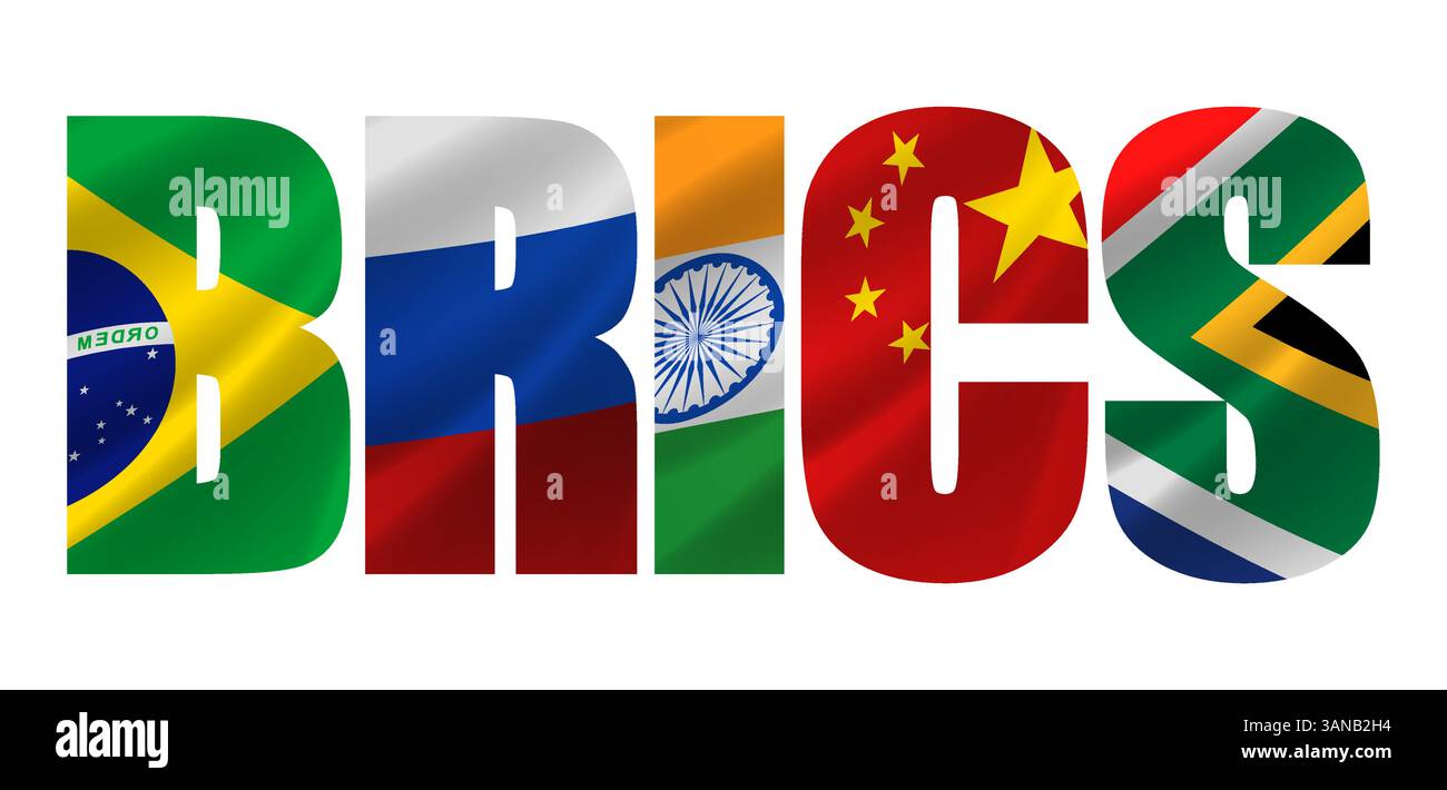 Tipografia BRICS con bandiere di Brasile, Russia, India, Cina e Sud Africa, simboleggiando la cooperazione globale e l'alleanza economica Illustrazione Vettoriale