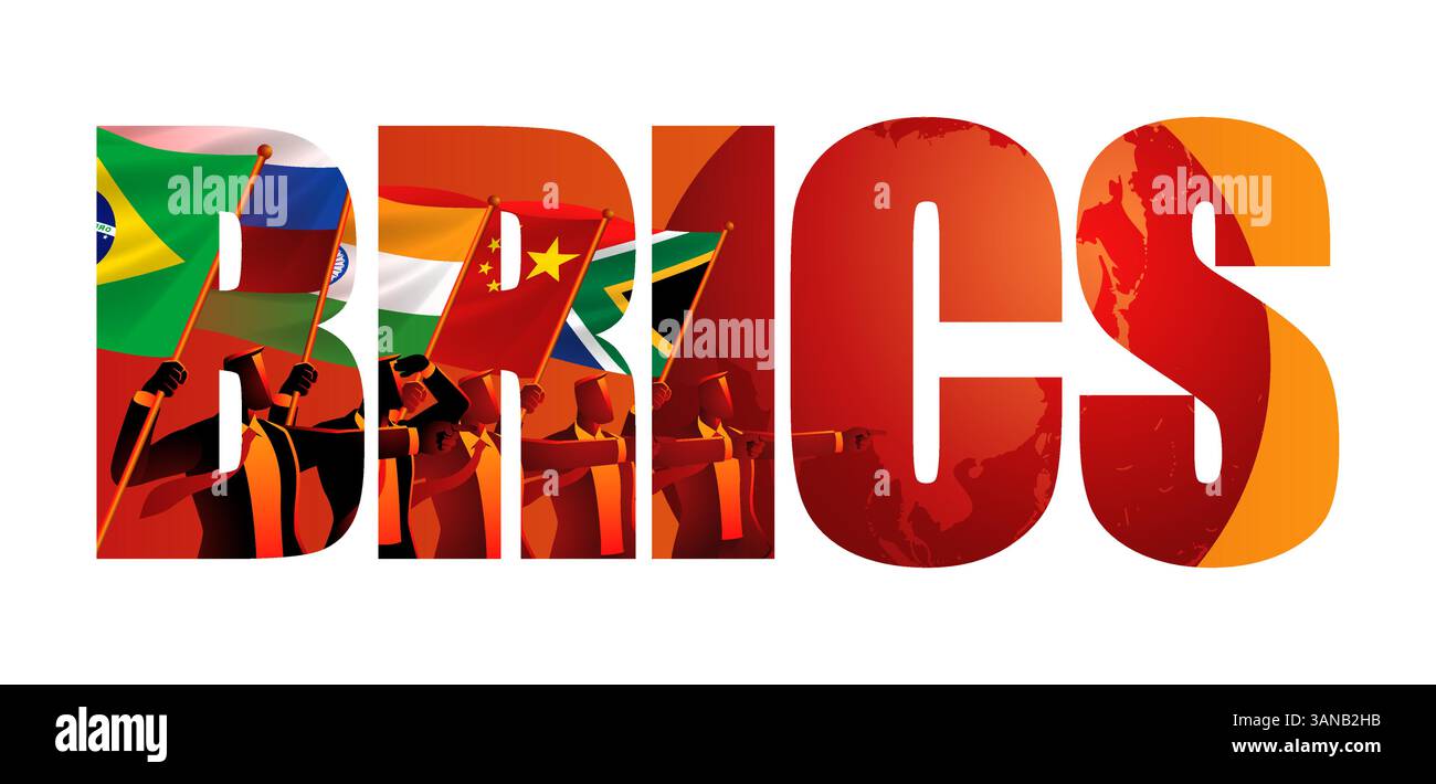 Tipografia BRICS con sagome che reggono bandiere di Brasile, Russia, India, Cina e Sud Africa, cooperazione globale e alleanza economica Illustrazione Vettoriale